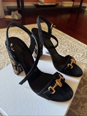 Cavalli Class Black Suede Block Heel Sandals with Gold Hardware